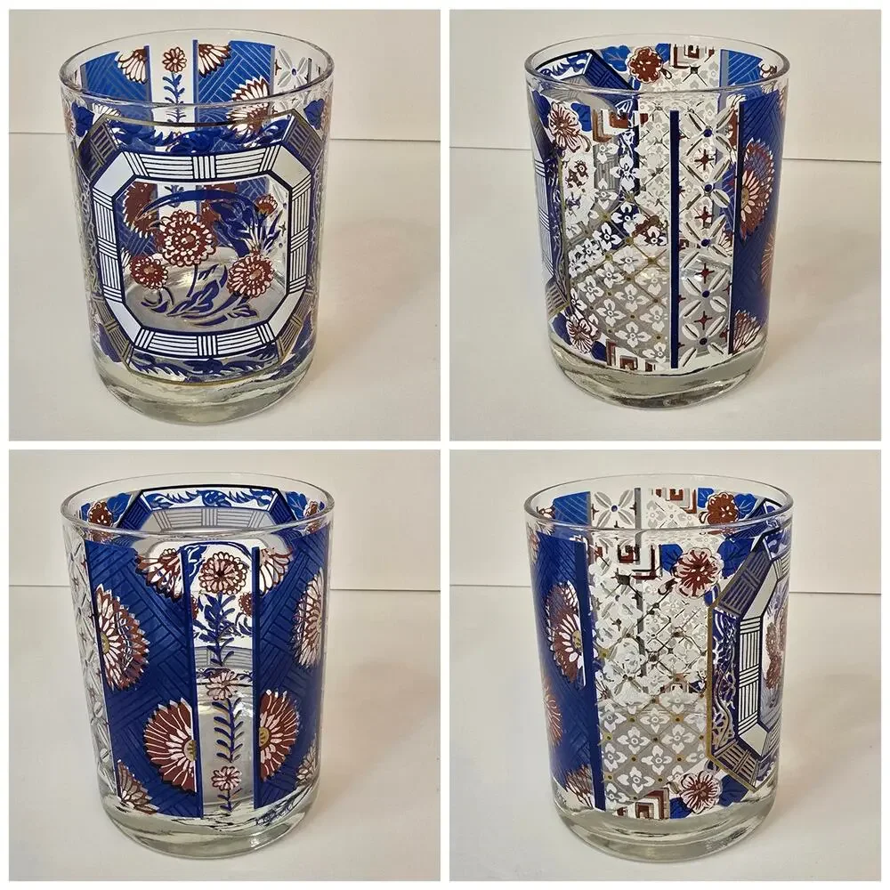 3 Old Fashioned Lowball Rocks Glasses Blue Oriental Imari Pattern Gold Vtg MCM